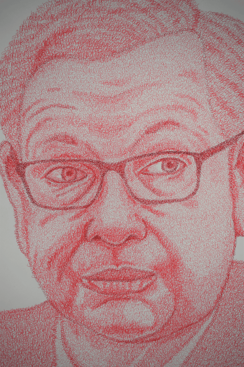 MandD_Branding's tweet photo. Varied work on show at Loughborough Uni fine art degree show. An unusual aproach to illustration from Kitty McMahon. Creating portraits using the words from speeches the subjects have made. @lborouniversity @michaelgove  #artsdegreeshow https://t.co/iUeOFg9Ls2
