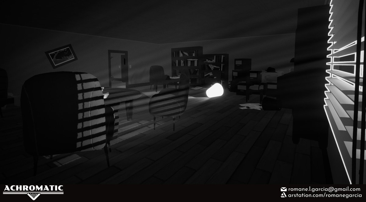 lucilledraws's tweet photo. Some of the 3D environment I did for @Achromatic_Game in the last two months. If you want to give it a try, it's free on https://t.co/iMVP2Fe9lt! https://t.co/Xk7KZwKU7c ! #3Dart #filmnoir #indiedev #studentgame https://t.co/KU0iNr1aUs
