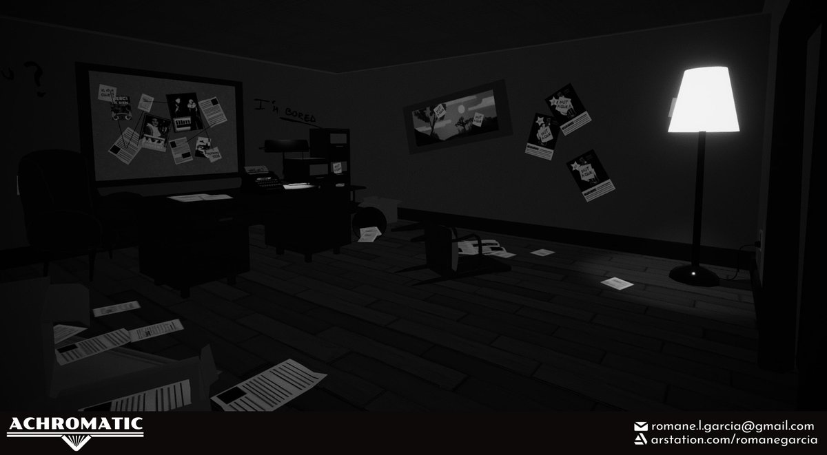 lucilledraws's tweet photo. Some of the 3D environment I did for @Achromatic_Game in the last two months. If you want to give it a try, it's free on https://t.co/iMVP2Fe9lt! https://t.co/Xk7KZwKU7c ! #3Dart #filmnoir #indiedev #studentgame https://t.co/KU0iNr1aUs