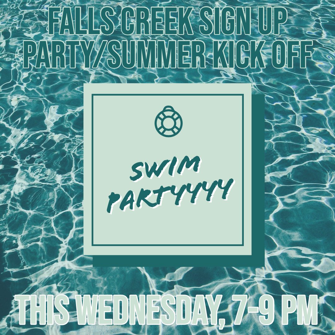 fbcparkstudents's tweet photo. This Wednesday. Come and sign up for Falls Creek! Invite your friends so they can sign up for Falls Creek. Rides will leave the church at 6:30. You can drive or be dropped off at Regional Pool in MWC. https://t.co/GCPCyQfnUU