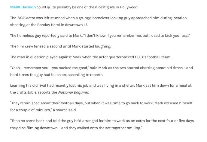 Quick #NCIS reminder that while Pauley Perrette is throwing shade at poor homeless men, Mark Harmon helped one earning honest money...