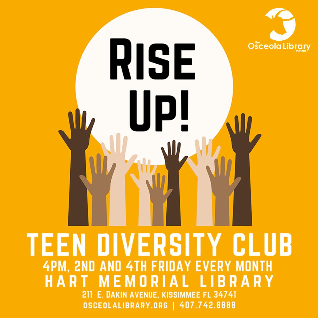 OsceolaLibrary's tweet photo. STARTING THIS FRIDAY (6/14): More than a woke book club, Rise Up! is where teens can discuss issues important to them while reading books from a list of diversity-focused titles. #osceolalibrary #libraryprograms #bookclubs #teendiversityclub #diversity https://t.co/hKulifFt2W