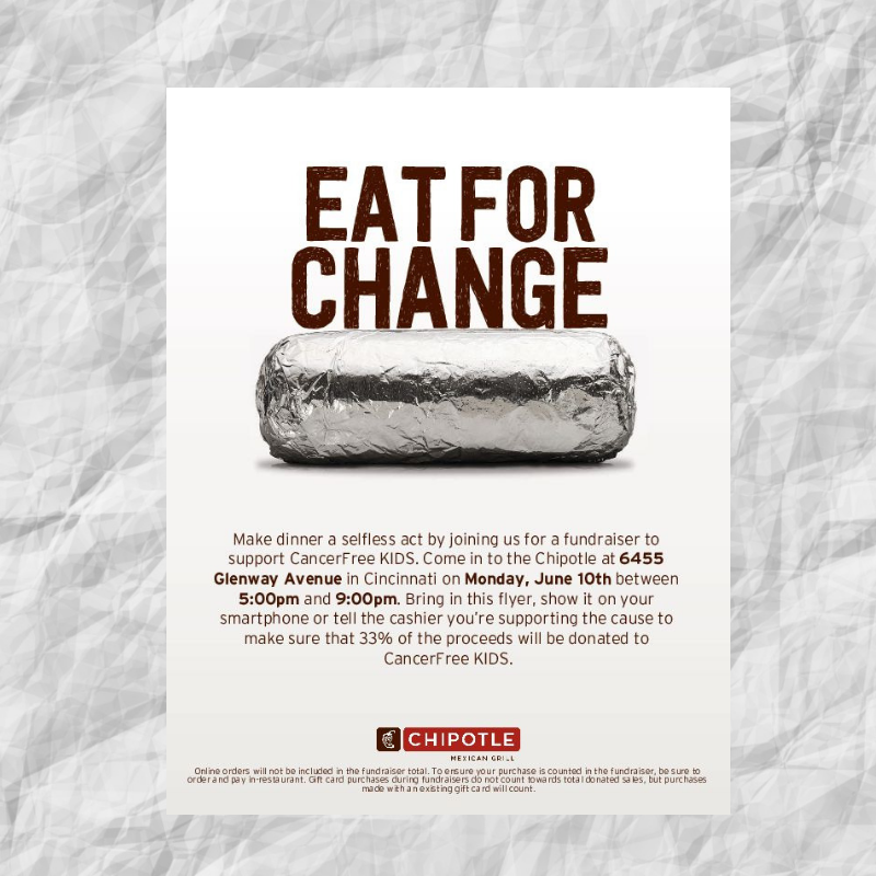 Night4theFight's tweet photo. Don't forget to eat dinner at Chipotle tonight from 5-9 pm at 6455 Glenway Avenue. 33% of proceeds will benefit pediatric cancer research! #N4TFfundraising #AidenCorey #OnItEarly https://t.co/cgl7SdmmAg
