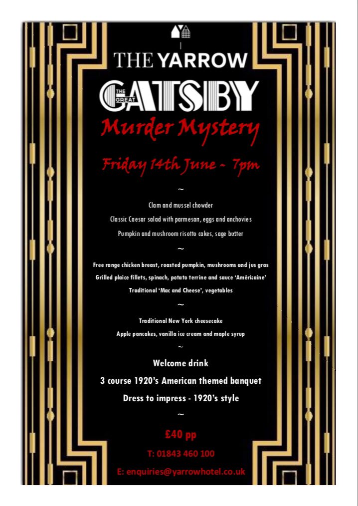 encadeimages's tweet photo. Excited to be photographing couples this Friday at the Gatsby themed Murder Mystery night @yarrow_hotel in broadstairs! Tickets still available details on the poster below! Can’t wait to see you there! #photography #event #gatsby #food https://t.co/kziUYYjZqP