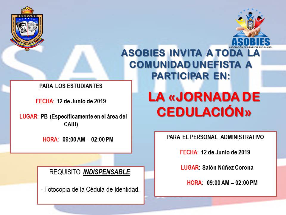 UnefaAsobies's tweet photo. ¡ATENCIÓN! #Asobies invita a toda la comunidad unefista #Caracas a participar en la Jornada de Cedulación a realizarse este miércoles #12Jun a partir de las 09:00 am hasta las 2:00 pm. Te esperamos! https://t.co/rsy83EIH94