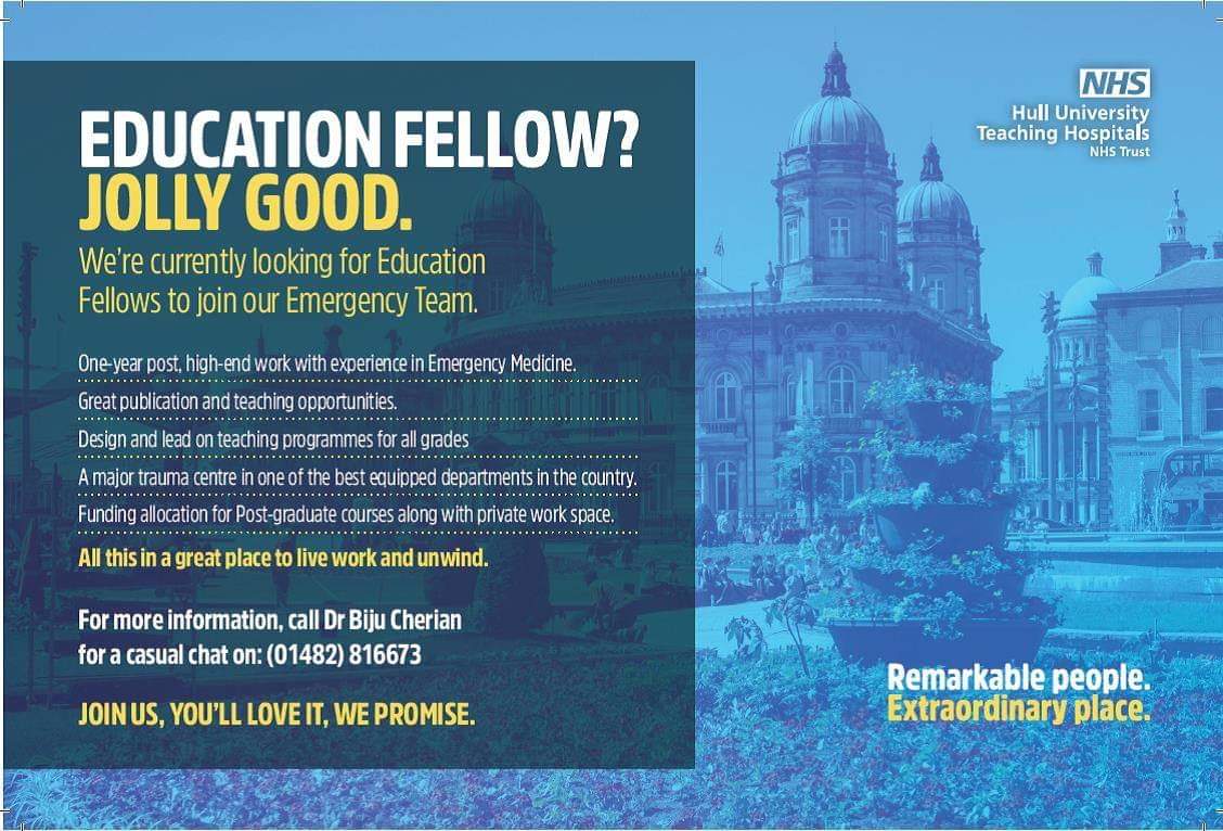 Fancy a year out or an OOPE in education? Always wanted to try new, innovative teaching methods?We'll support you.Great supervisors, allocated resources, you'll have a rewarding experience! Join us jobs.bmj.com/job/86999/educ…
 <a href="/TeamEDHull/">TeamEDHull</a> <a href="/EmergencyHull/">Hull Emergency Department</a> <a href="/EMTAcommittee/">EMTA</a> <a href="/JDrsTogether/">Junior Doctors Together: Hull Hospitals</a>