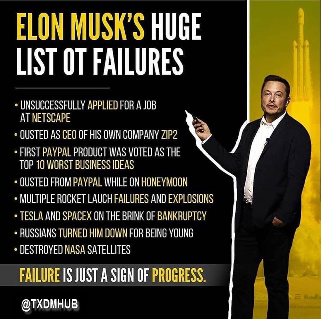 What are your thoughts of Elon Musk failures? If you are failing are you not succeeding? Comment below.
-
-
#xrp #xrpthestandard #xrpcommunity #ripple
#ltc #titanxrp #crypto #blockchain #ethereum #bitcoin #cryptocurrency  #inspiration #Entrepreneur #cointelegraph #luxurylifestyle
