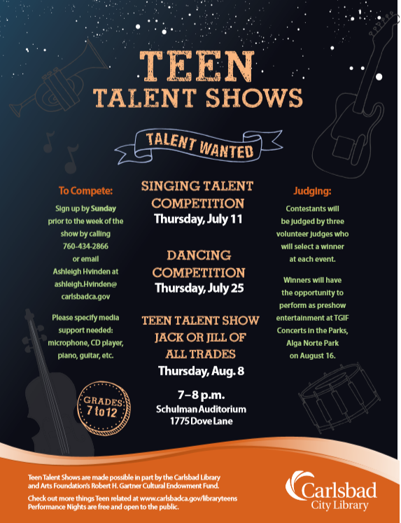 carlsbadlibrary's tweet photo. Calling all Carlsbad Teens: Are you looking for something to do this summer? Enter one or all three of the Teen Talent Shows happening @carlsbadlibrary Dove location. Find more information at https://t.co/yshsDknSeG. See you at the library this summer! #things2doincbad #teens https://t.co/fk5VHotktP