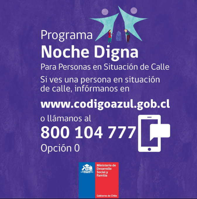 ChileAtiende's tweet photo. Ayuda a las personas que estén en situación de calle y necesiten albergue en estos días de bajas temperaturas.
#ProgramaNocheDigna entrega alternativas de alojamiento temporal y servicios básicos.
☎ Alerta al #FonoCalle 800 104 777 (opción 0).
+ Info https://t.co/DuOLJdFuwv https://t.co/2FtzEwXYQZ