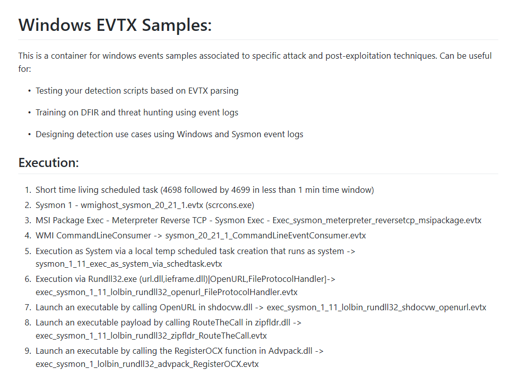 JohnLaTwC's tweet photo. This is a COOL project to collect event log traces for attack tools and @MITREattack techniques! (in EVTX format). Hope it is open to contributions from the community! 🙏@SBousseaden

📢https://t.co/ezzH8yq9GU
👉https://t.co/QwYRcw2jpg https://t.co/dH2ptJYkbG