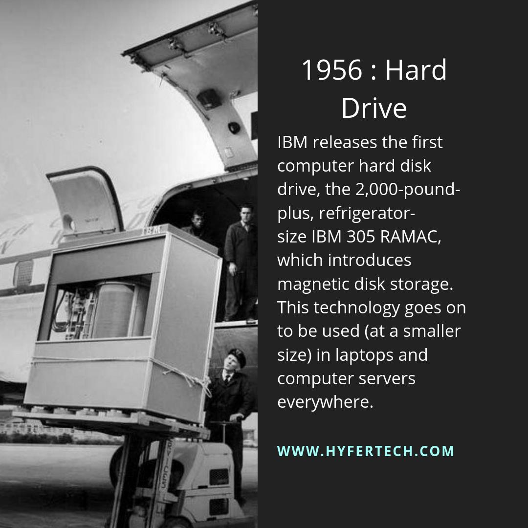 HyferTech's tweet photo. The history of technology is very old, at Hyfer Technologies, we would like to look back at the technologies that changed the industry . Today it is the hard drive introduced by #IBM in #1956
Source: https://t.co/rQEkKQiOie
#MotivationalMonday #technology #history #Hyfertech https://t.co/bSFpsz2zLV