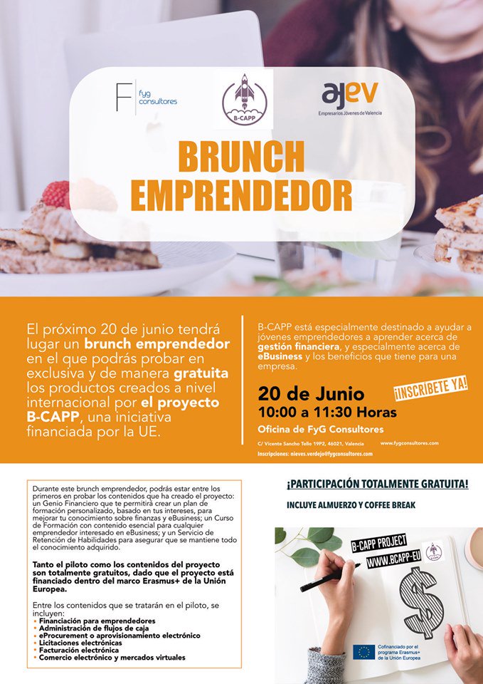 FyGConsultores1's tweet photo. ¡Apúntate a nuestro desayuno emprendedor! El próximo 20 de junio te podrás probar en exclusiva y de manera gratuita los productos creados a nivel internacional por el proyecto B-Capp Project , una iniciativa financiada por la UE. 
¡No te lo pierdas! https://t.co/vR0xmLDdBo