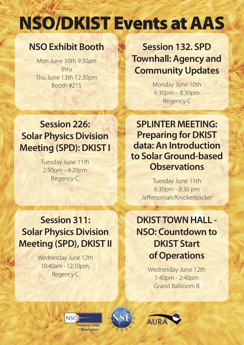 NatSolarObs's tweet image. Are you attending American Astronomical Society #AAS234? Check out the events hosted by NSO and DKIST this week, including an introduction to DKIST observations on Tuesday evening, and a DKIST Town Hall on Wednesday afternoon. See you there!
#NSFfunded #NSFscience