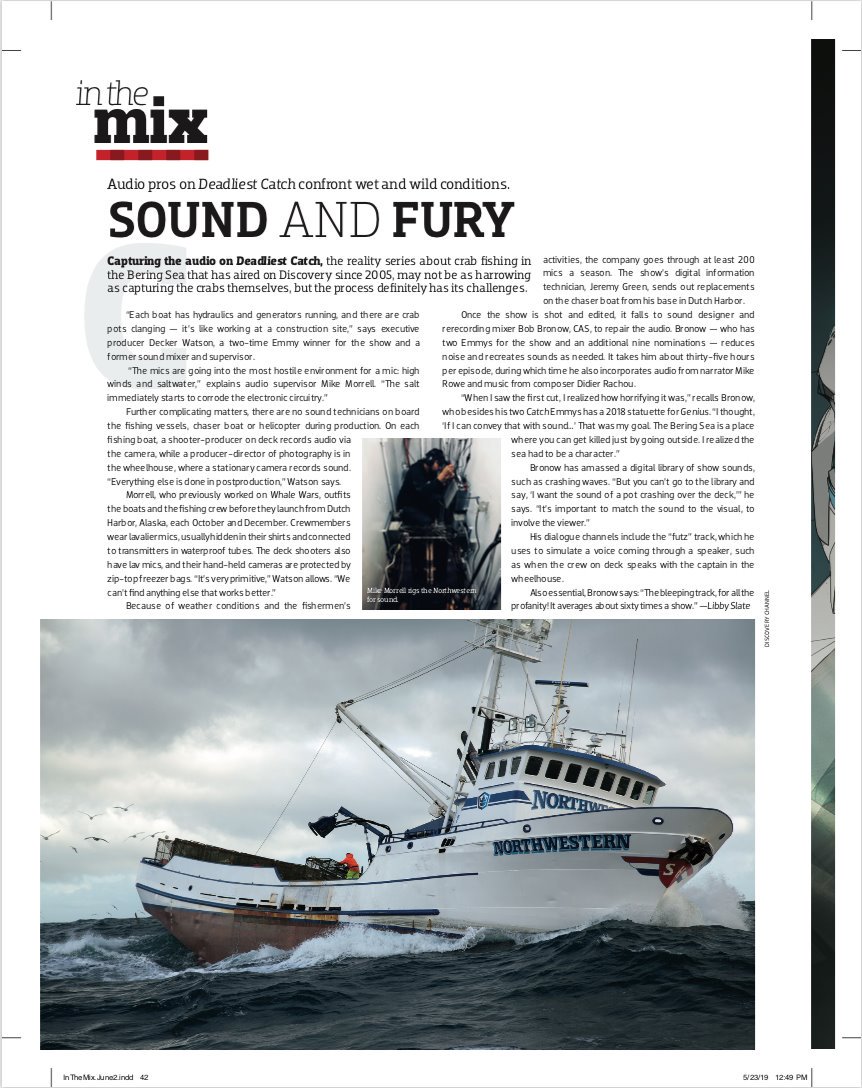 Great article in Emmy Magazine about the sound technicians on <a href="/DeadliestCatch/">Deadliest Catch</a>! They’ve got a hard job too and we appreciate everything they do to capture our lives on the sea!