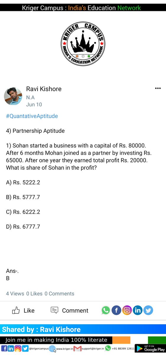 MalhotraTushita's tweet image. #QuantativeAptitude
4) Partnership Aptitude
1) Sohan started a business with a capital of Rs. 80000.After 6 months Mohan joined as a partner by inv
Read more: kriger.page.link/76NAyYGzreH7oj…
Sign up to
Receive daily education news 
Connect with friends
Make or join pan INDIA study groups