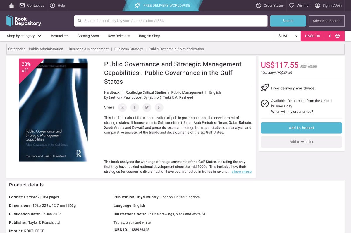 Book Depository  تعرض كتاب قدرات الادارة الاستراتيجية في القطاع الحكومي لدول مجلس التعاون الخليجي  بمبلغ ١١٧ دولار بخصم يبلغ ٤٧ دولار  من السعر الأصلي ١٦٦$. الشركة هي أكثر المكتبات الدولية على الإنترنت في العالم. تقدم أكثر من 20 مليون كتاب و التوصيل مجانا لجميع أنحاء العالم.