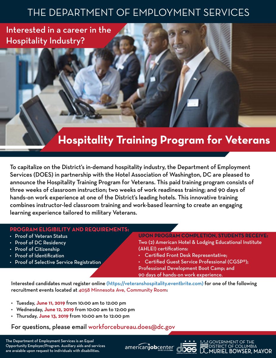 Tomorrow DOES in partnership with <a href="/OfficialHAWDC/">HAWDC</a> is hosting a Hospitality Training Program for #Veterans. This innovative training combines classroom training and work-based learning tailored to military Veterans. 
Sign up today: bit.ly/Vetrecruitinge…