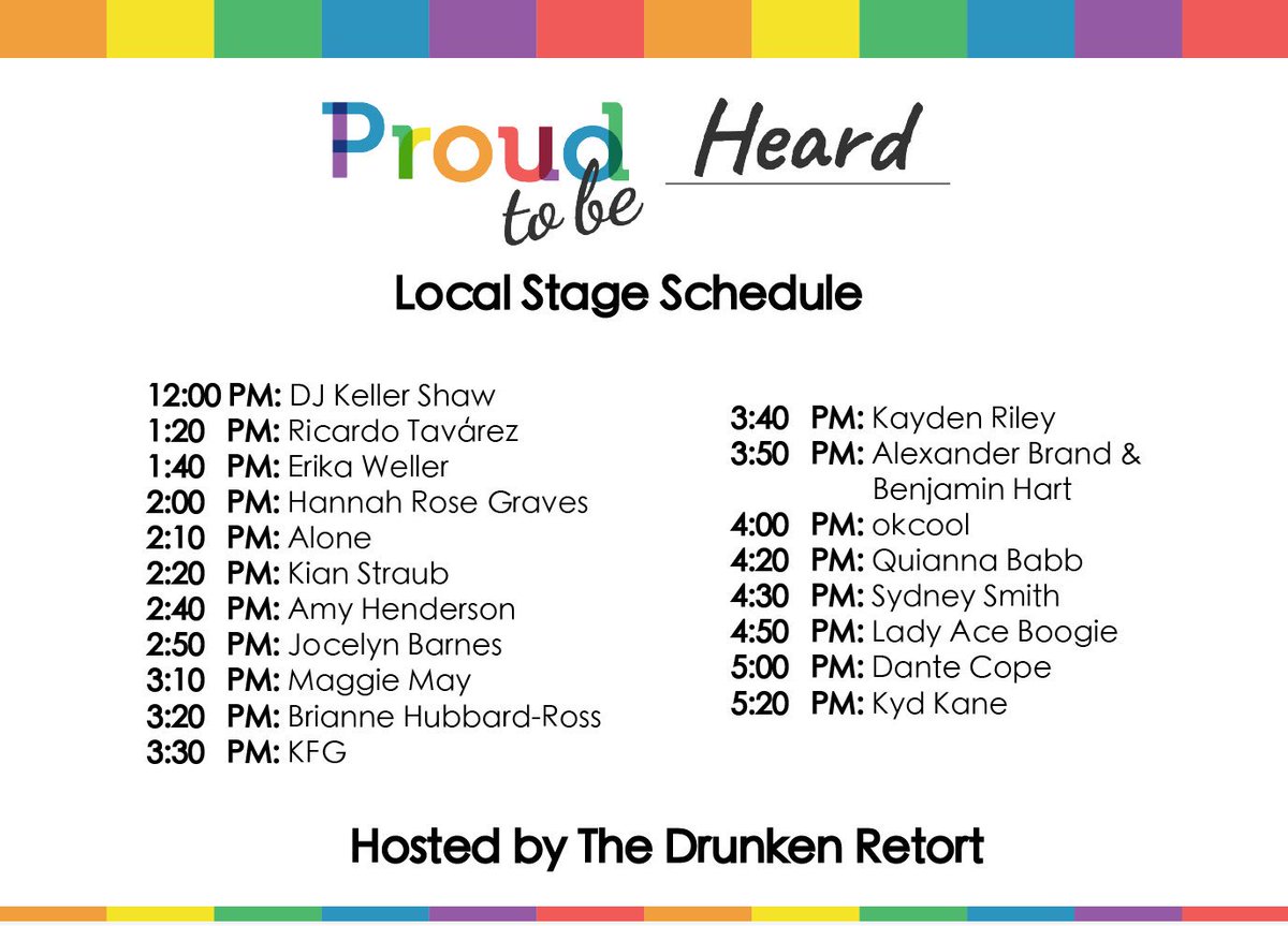 GRPRIDEFESTIVAL's tweet photo. Check out the schedule for our Proud to be Heard Local Stage! Hosted by The Drunken Retort, the Local Stage will feature local musicians, poets and artists. 

Grand Rapids Pride Festival is THIS Saturday, June 15th from 12pm- 10pm! #proudtobe #onegr #grpridefest2019 https://t.co/OlQqP90PSo