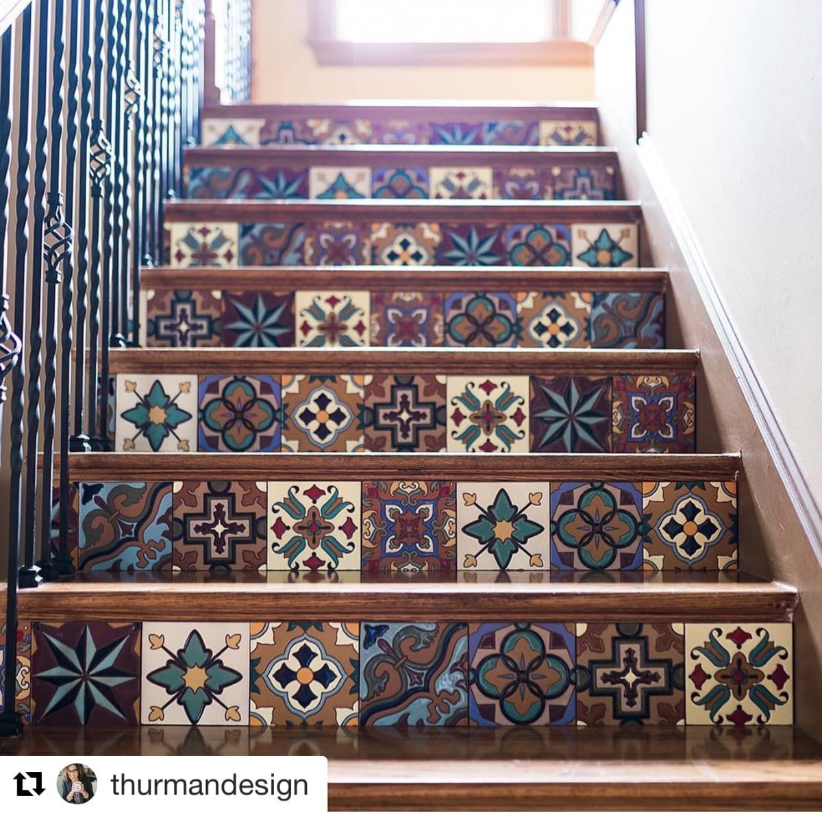 ToTheTradeUF's tweet photo. This gorgeous Cherokee Indian/Sante Fe inspired tile staircase by @thurmandesign is giving us all of the Monday design Inspo we will ever need. #Handpainted #Handcrafted 
#universaltothetrade #interiors #interiordesign #tile #staircase #designinspo #designobsessed https://t.co/GNJuiSq1Jz