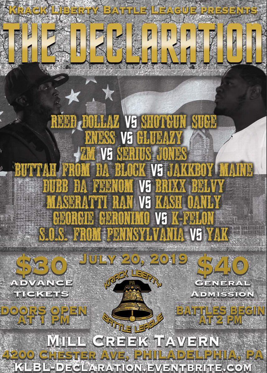 _LUMP's tweet image. .@KrackLiberty's
#TheDeclaration
#Philly

@realreeddollaz vs @therealshotgunsuge
@kingofbattlerap vs @glueazy
@zimsworld vs @seriusjones_
@officialbuttah vs @therealjakkboy
@dubb_da_feenom vs @brixxbelvy
Plus many more...
Tix available at:
KLBL-Declaration.eventbrite.com