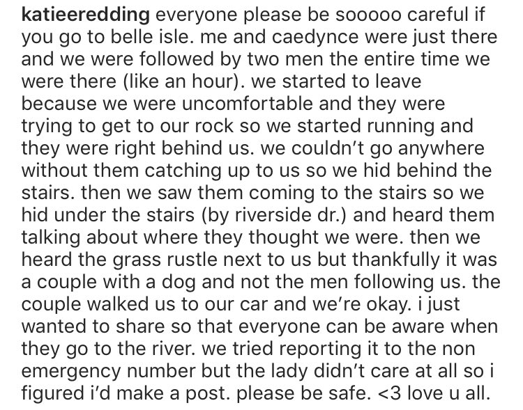 katieeredding's tweet photo. rva people!! (esp. ladies) please be careful going to belle isle alone. me and my friend were followed. https://t.co/l9FcLmjIdL