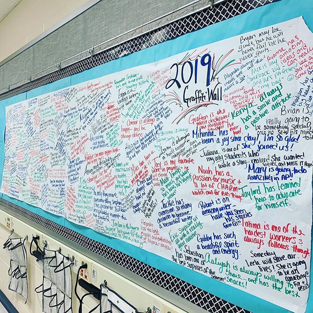 The graffiti wall is done ✅ 150 students, something special about all of them 💁🏻‍♀️This year has had its ups & downs, but I appreciate every single one of my kids 💙 #endofschoolyear #clarksburghs #coyotepride #thankyoustudents #english9 #english11 #myhandhurts #GoingtomissALLthe…