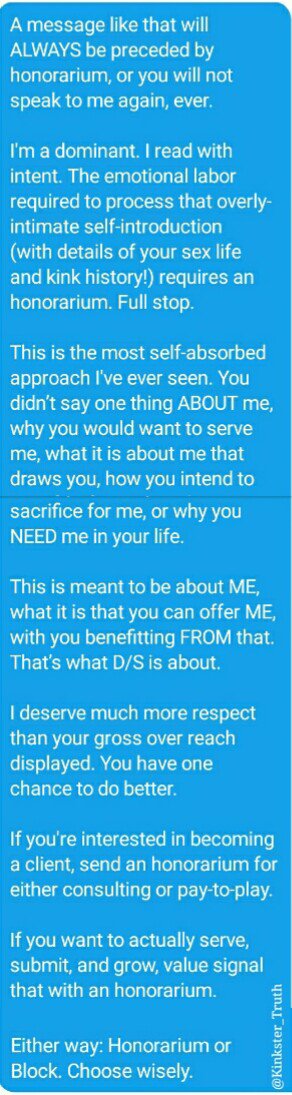 Kinkster_Truth's tweet photo. Just because I'm approachable, honest, sincere, ~and~ kind doesn't mean that I won't insist upon respect, honor, effort, and mutualism.
•
Think more. Try harder. Do better.
•
Rise above.
•
#OverheardInDM #ValueSignal #BDSM #ThinkHealthyKink #TheMoreYouKnow https://t.co/Qc68OnzZbf