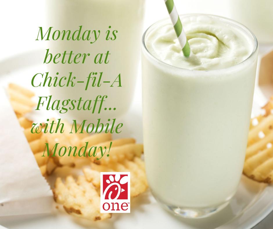 CFA_Flagstaff's tweet photo. Mondays are always better at Chick-fil-A w/Mobile Mondays! Enjoy a mobile reward of our Frosted Key Lime with any orders placed TODAY thru our CFA app. 📱🥤(valid only at CFA Flagstaff) https://t.co/gp7TwyfPmT
