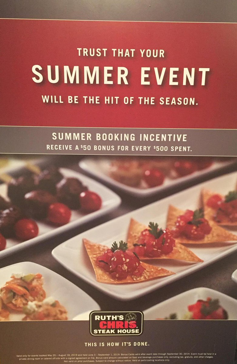 MplsRuths's tweet photo. Summer promotion! Book a June, July or August event (before August 18th) and receive a $50 bonus card for every $500 spent on food and beverage!
#promotion #summer #privatedining #bonuscard #ruthschris #incentives #filet #party #Minneapolis https://t.co/KKf8RhhzH0