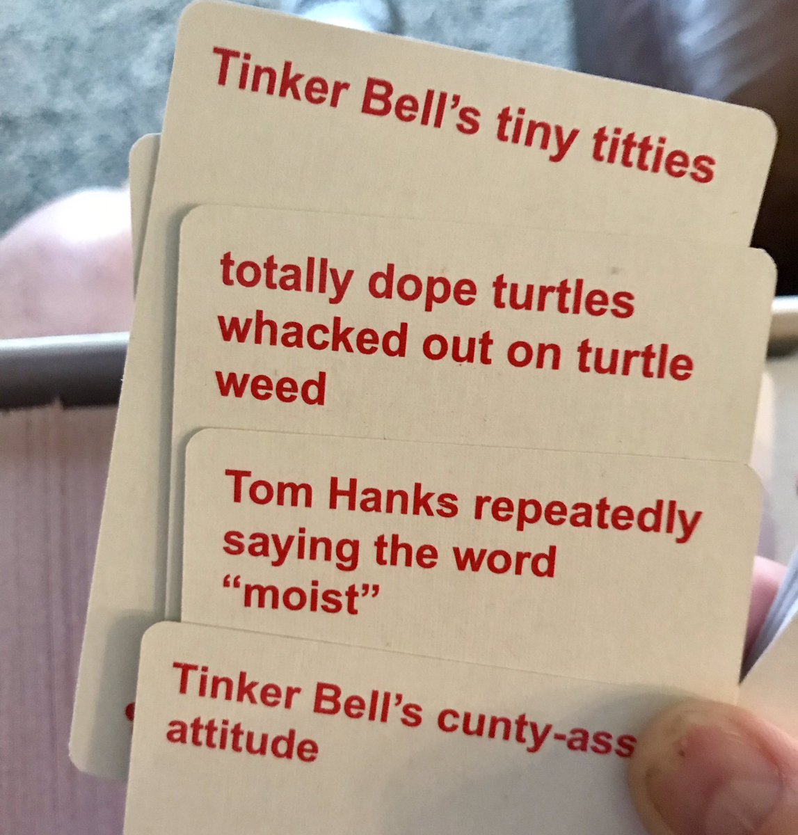 fanning_amy's tweet photo. My mam bought cards against Disney thinking it would be a nice innocent game and it’s really not quite what she expected 🤣🤣🤣 https://t.co/9Vi8ihC0s4