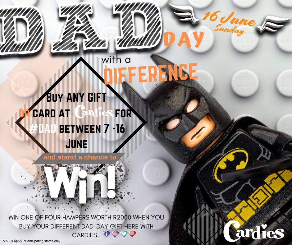 GatewayUmhlanga's tweet photo. DARE to celebrate DAD differently this year with @CardiesSA! Awesome prizes to be won and gifts that DAD will never forget! Visit them in store at #GatewayUmhlanga and find your gift for DAD that’s just that much DIFFERENT! #DifferentDadDay in #Cardies https://t.co/jjTWr7Y3lh