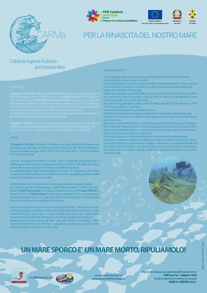 FabioFigurella's tweet photo. Ai nastri di partenza il Progetto CARMa: Calabria Against Rubbish and Marine litter. Reef Check Onlus Italia con Project Aware, Scuola D’Amare, DAN Europe e Scuba World ASD, finanziato dal POR FERS Calabria 2014/2020. #gogogo #wearepadi #daneurope #aforceforgood #reefcheckitalia https://t.co/3olnhj88XU