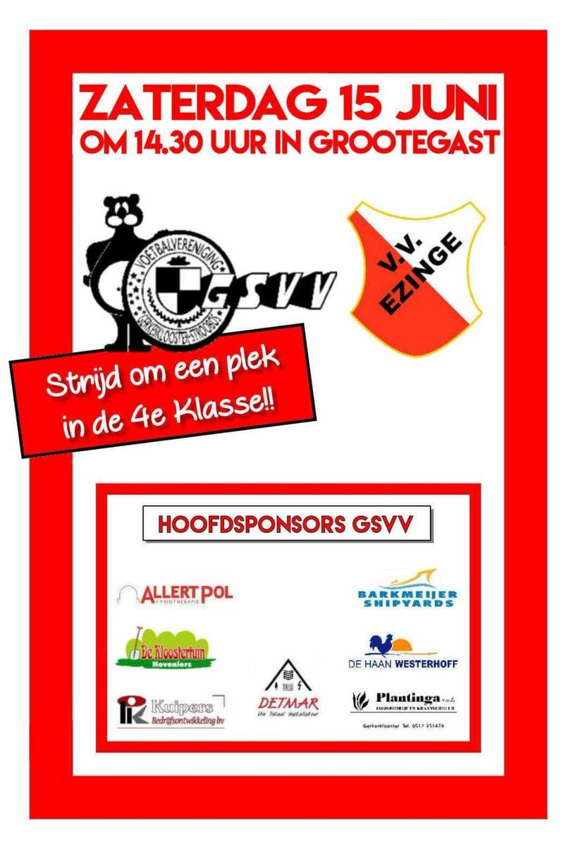 De beslissingswedstrijd voor promotie naar de 4e klasse GSVV - <a href="/vvezinge/">VV Ezinge</a> wordt zaterdag 15 juni gespeeld om 14.30 uur gespeeld op het sportpark van <a href="/FcGrootegast/">Fc Grootegast</a>