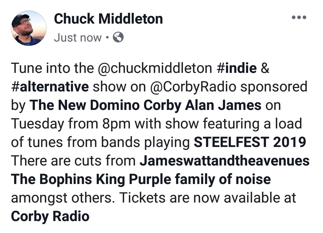 Chuck Middleton (@chuckmiddleton) on Twitter photo On my <a href="/CorbyRadio/">Corby Radio 96.3 FM</a> #indie & #alternative show sponsored by #thedomino #corby I'll be playing out loads of tunes by bands playing <a href="/steelfestuk/">Steelfest Corby</a>, like <a href="/familyofnoise/">family of noise</a> <a href="/kingpurpl/">King Purple</a> and <a href="/MONARCHSband/">MONARCHS</a> On my <a href="/CorbyRadio/">Corby Radio 96.3 FM</a> #indie & #alternative show sponsored by #thedomino #corby I'll be playing out loads of tunes by bands playing <a href="/steelfestuk/">Steelfest Corby</a>, like <a href="/familyofnoise/">family of noise</a> <a href="/kingpurpl/">King Purple</a> and <a href="/MONARCHSband/">MONARCHS</a>