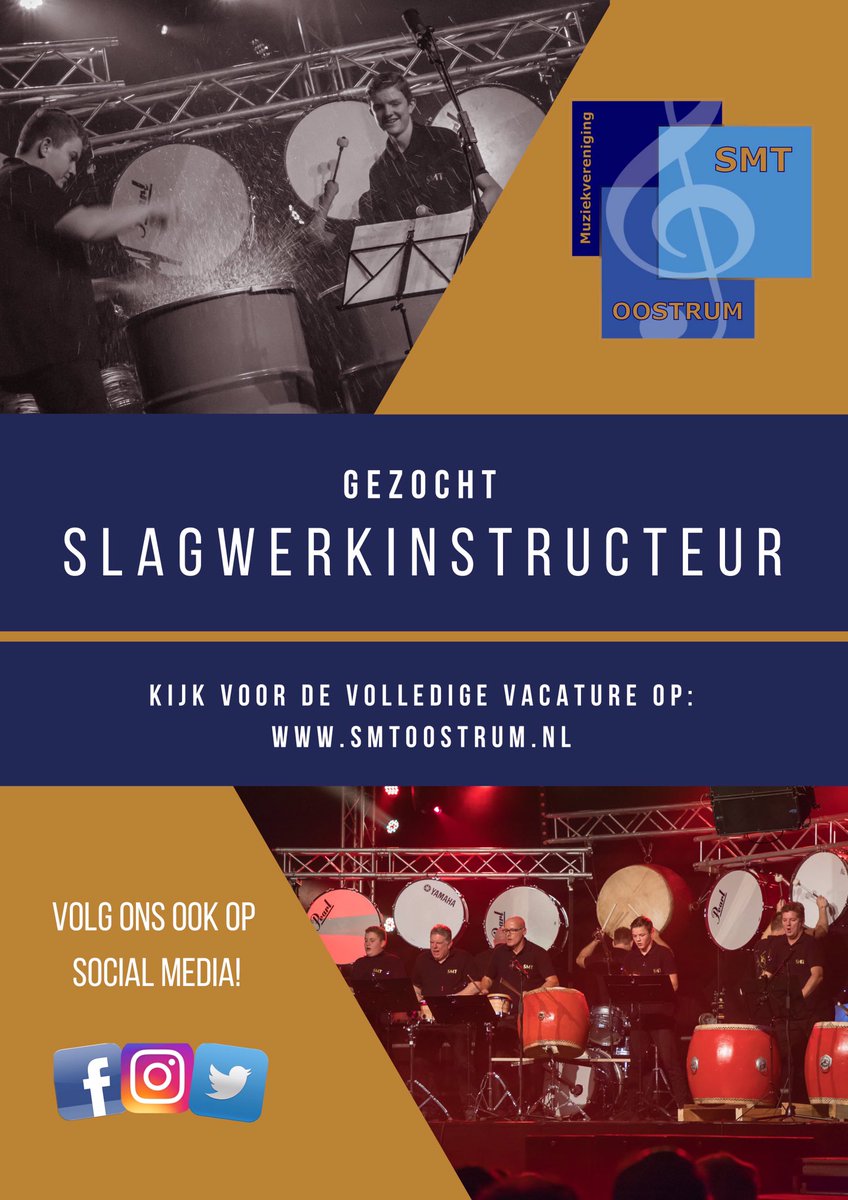 Wij zijn op zoek naar een creatieve en enthousiaste slagwerkinstructeur! Kijk op smtoostrum.nl voor de volledige vacature.