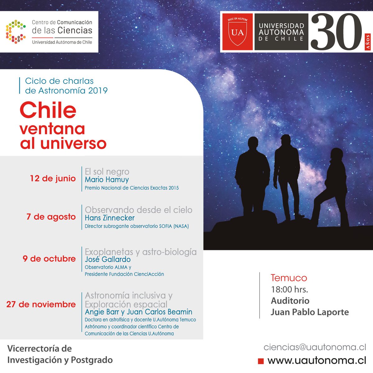 "La #astronomía es parte de nuestro orgullo e identidad. Ojalá los #eclipses sirvan como puerta de entrada para que los niños se interesen en la #ciencia" comenta <a href="/MarioHamuy/">Mario Hamuy</a>, quién este miércoles estará en #Temuco en la primera charla del ciclo: #Chile ventana al #universo 🇨🇱🌚
