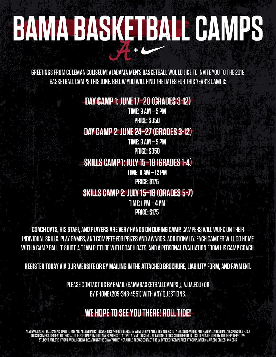 D_Steele22's tweet image. There’s still time to sign up for Bama Basketball Camps! We’d love to have you here!! #RollTide
