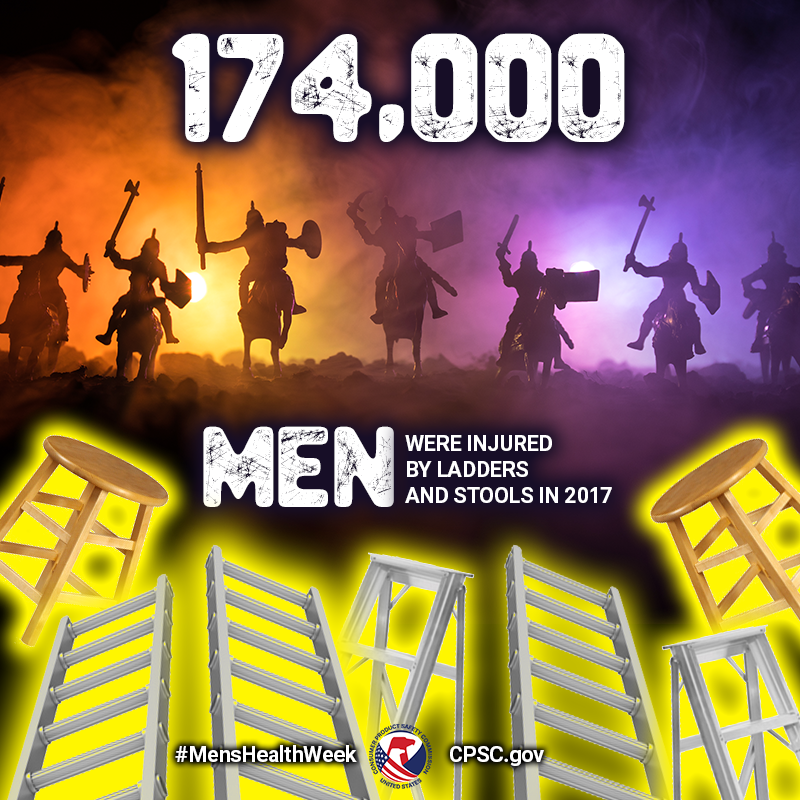 An army of men on horseback with swords headed towards and army of ladders and stools. The text reads. 174,000 men were injured by ladders and stooles in 2017