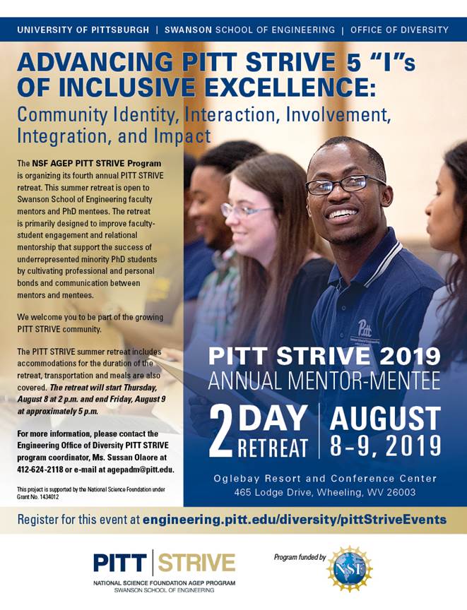 The Engineering Office of Diversity and PITT STRIVE is organizing the  4th Annual PITT STRIVE Retreat on August 8th. This Summer retreat is  open for Swanson School of Engineering faculty mentors and PhD mentees.  Register at engineering.pitt.edu/diversity/pitt…