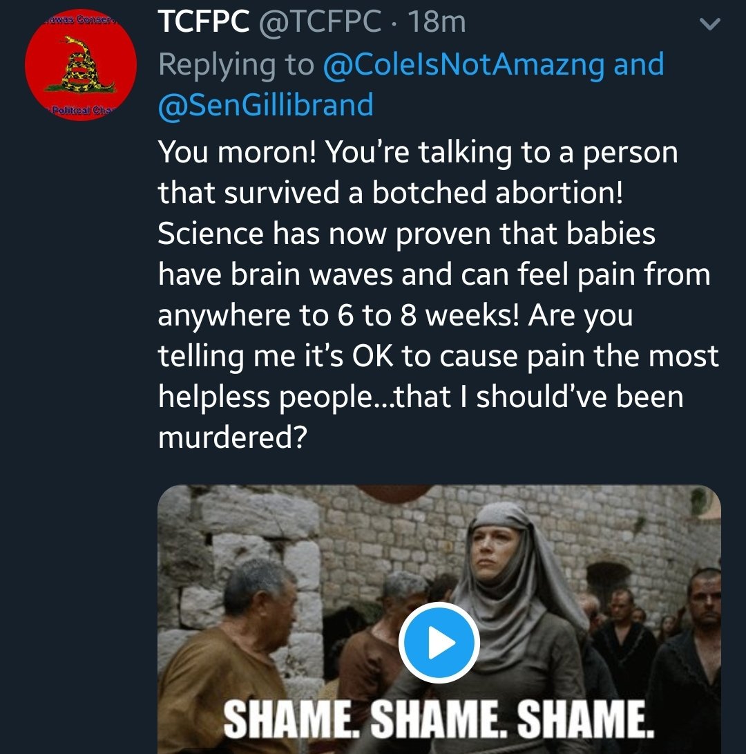 Colesacola's tweet photo. Tcfpc didn't even let me send my counter to that. I got blocked. You are using an emotion based argument which all of you rash on the left for doing @TCFPC #reallyrepublicans #childish https://t.co/SLHIutzQ3k