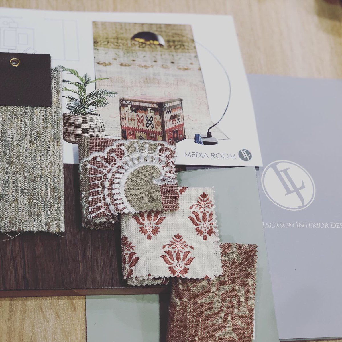 louloujackson8's tweet photo. Moodboard, fabric, paint, wood and leather samples, quote and scale drawing with furniture placement and visual imagery all together in one pack off to our client for perusal #newbuild #home #moodboard #interiordesign #layeruponlayer #complete #process #logical https://t.co/gfqbV5vuQZ