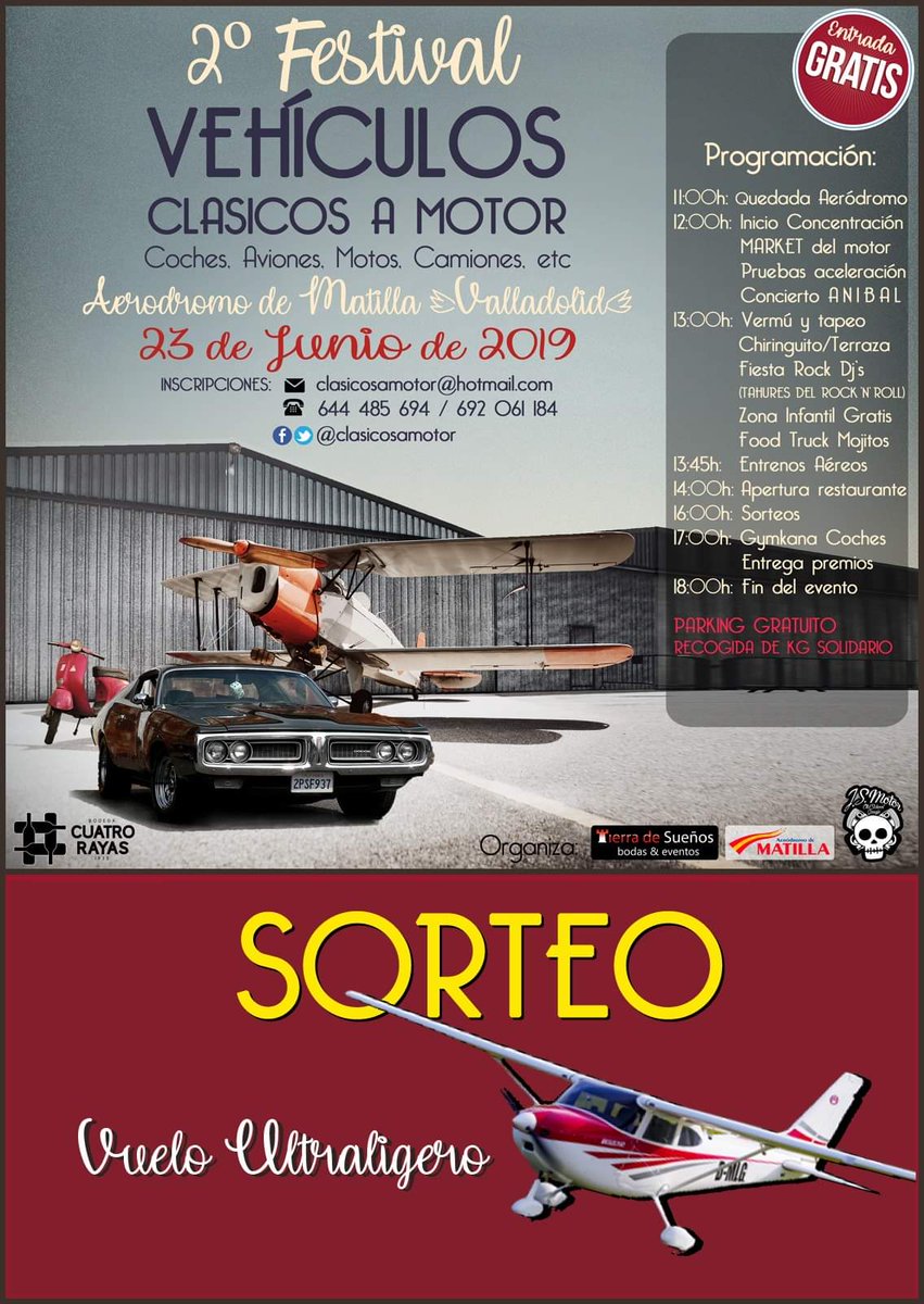 Clasicos_a_motor (@clasicosamotor) on Twitter photo 🍀SORTEO!✈️
📌 Gana un VUELO EN ULTRALIGERO el día 23 de junio en el Festival <a href="/clasicosamotor/">Clasicos_a_motor</a> de #Valladolid!!👇
➡️ SIGUE las indicaciones en nuestro Facebook: bit.ly/2VVQ00u
🌤 Y no te pierdas el mejor festival de Clásicos desde el aire
<a href="/aeromatilla/">Aeródromo de Matilla</a> de 12h a 18h 🍀SORTEO!✈️
📌 Gana un VUELO EN ULTRALIGERO el día 23 de junio en el Festival <a href="/clasicosamotor/">Clasicos_a_motor</a> de #Valladolid!!👇
➡️ SIGUE las indicaciones en nuestro Facebook: bit.ly/2VVQ00u
🌤 Y no te pierdas el mejor festival de Clásicos desde el aire
<a href="/aeromatilla/">Aeródromo de Matilla</a> de 12h a 18h