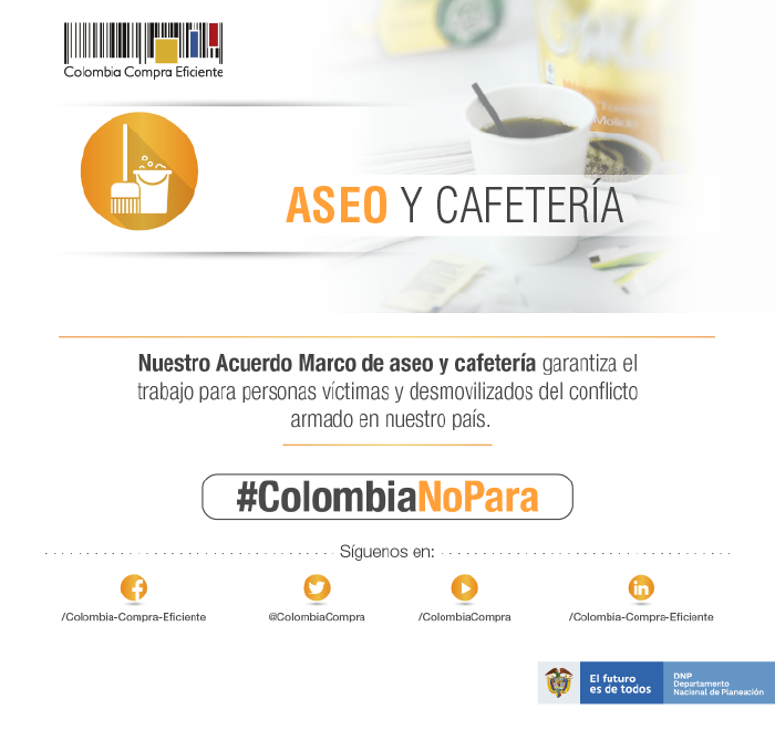 colombiacompra's tweet photo. #ColombiaNoPara | ✔ ¿Sabías que por medio de nuestro Acuerdo Marco de aseo y cafetería II se garantiza el trabajo a personas víctimas y desmovilizados de conflicto armado? Conoce el Acuerdo Marco aquí 🔎: https://t.co/xdQuST4LMq https://t.co/vLaUgUokoZ