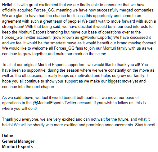 MorituriUpdates's tweet image. We are proud to announce that we have successfully acquired Forces_GG! Please join us in our new adventure! To keep following us throughout our Esports journey, follow @MorituriEsports, (previously known as @Forces_GG). We will be moving our base of operations over there! 

Read: