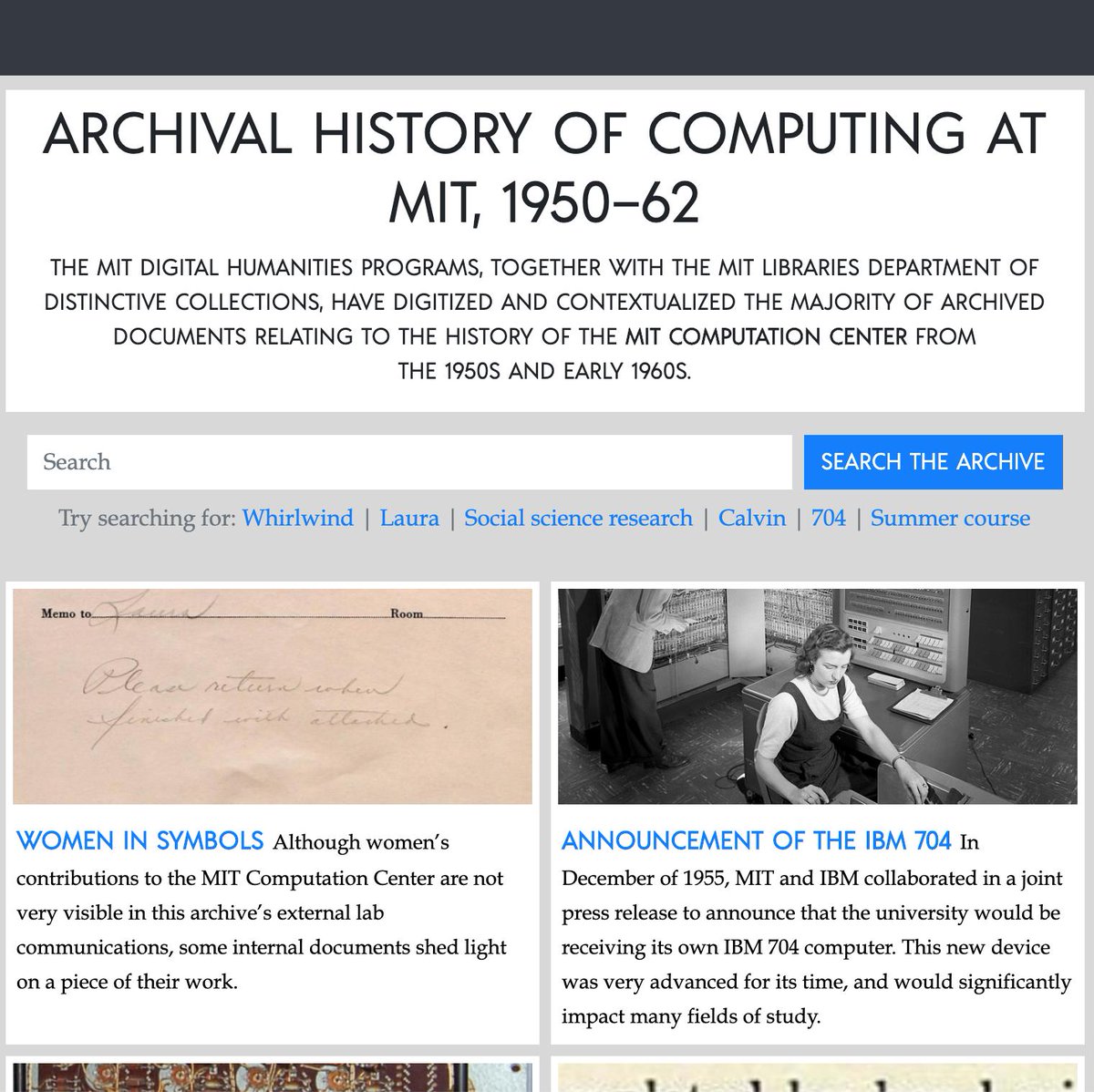 We're pleased to launch our latest project with the MIT Libraries Department of Distinctive Collections: Archival History of Computing at MIT, 1950-1962! We've digitized and contextualized archived documents from the MIT Computation Center. bit.ly/2JGILCe #dhmitcomphist