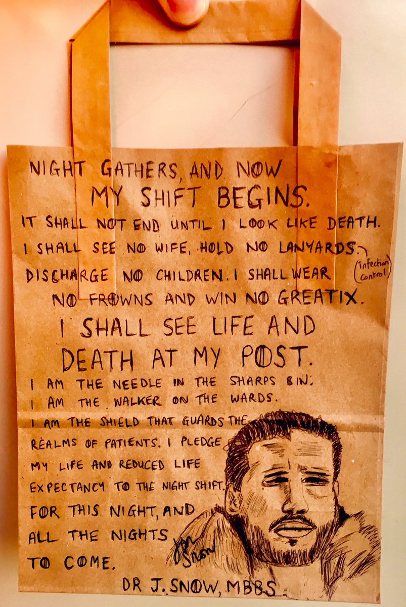 2minuteEM's tweet photo. Tweet on the back of a sandwich bag on a train.

Ode to medical night shifts in the style of Jon Snow. https://t.co/0m07h5hlRs