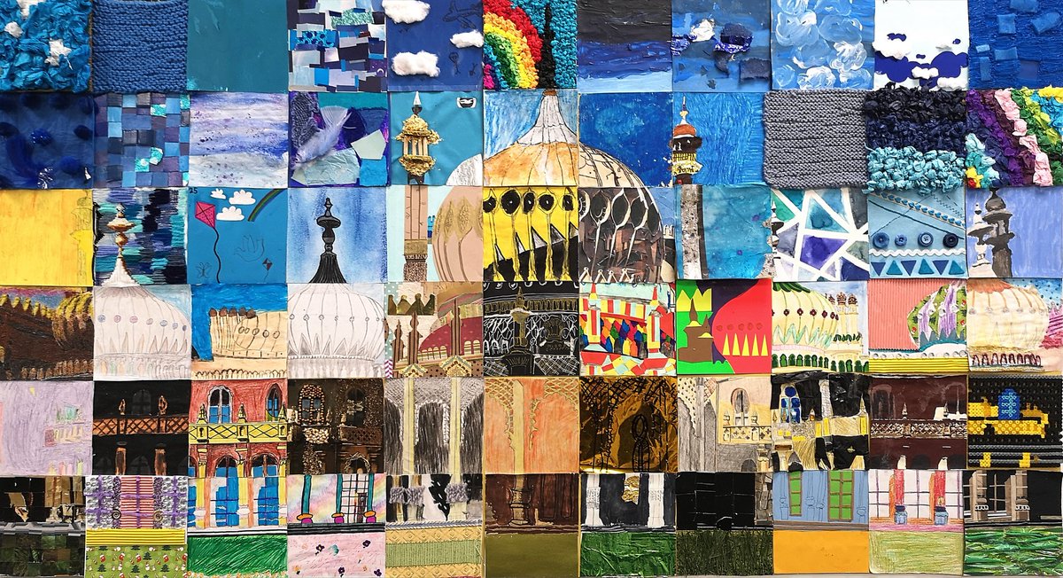 Look at what Y4 have created! A stunning collaborative collage of the iconic #BrightonPavilion. So many mediums used. Well done Y4! #brighton