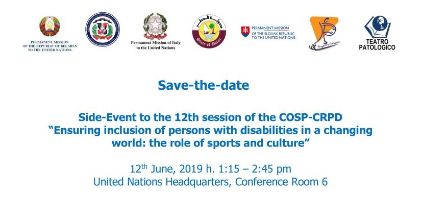 ItalyUN_NY's tweet photo. 📢 Join us at #CRPD #COSP12 event “Ensuring #inclusion of persons with #disabilities in a changing world: the role of #sports and #culture”
@UN HQ #NYC CR6 12 June, h 1.15 pm
@ItalyUN_NY @BelarusUNNY @DominicanRepUN @QatarAtUN @SlovakiaUNNY @TEATROPATOLOGIC Progetto #Filippide https://t.co/dpi36fEyxu