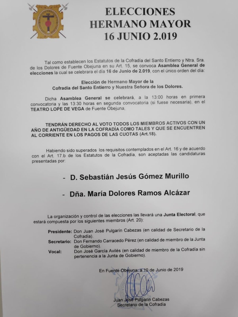 StoEnt_FObejuna's tweet photo. Recordamos, tal y como ya se informó en el pasado boletín, que el próximo domingo 16 de junio tendrán lugar las Elecciones a Hermano/a Mayor de nuestra Cofradía.
Aprovechamos para anunciar las dos candidaturas presentadas y aceptadas https://t.co/4Nn4SSvO7L