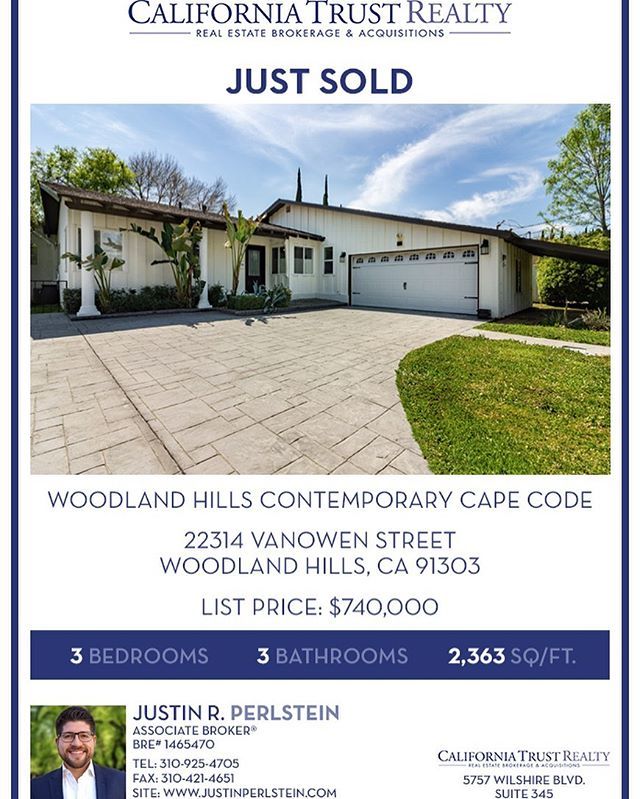 JustinPerlstein's tweet photo. Just Sold!! Woodland Hills Contemporary Cape Cod. Congrats to everyone involved. Great sellers and great buyer I wish they were all so easy. On to the next!! https://t.co/V8xwrRanPY #socalrealty #JustinPerlstein #PerlsteinEstates #CaliforniaTrustRealty https://t.co/mX0Hb6g2Mg https://t.co/g3whFVxZpl